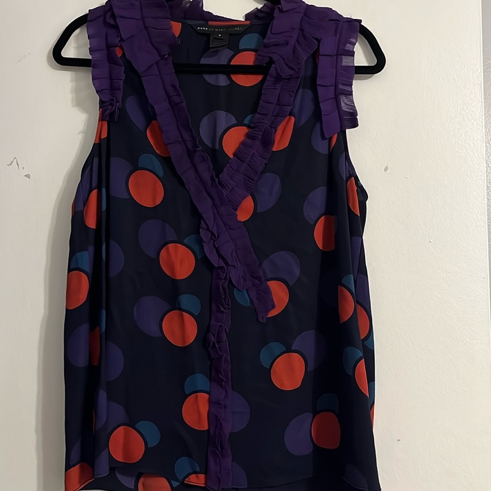 Marc by Marc Jacobs Silk Purple Polka Dot Blouse with Ruffles Size Small